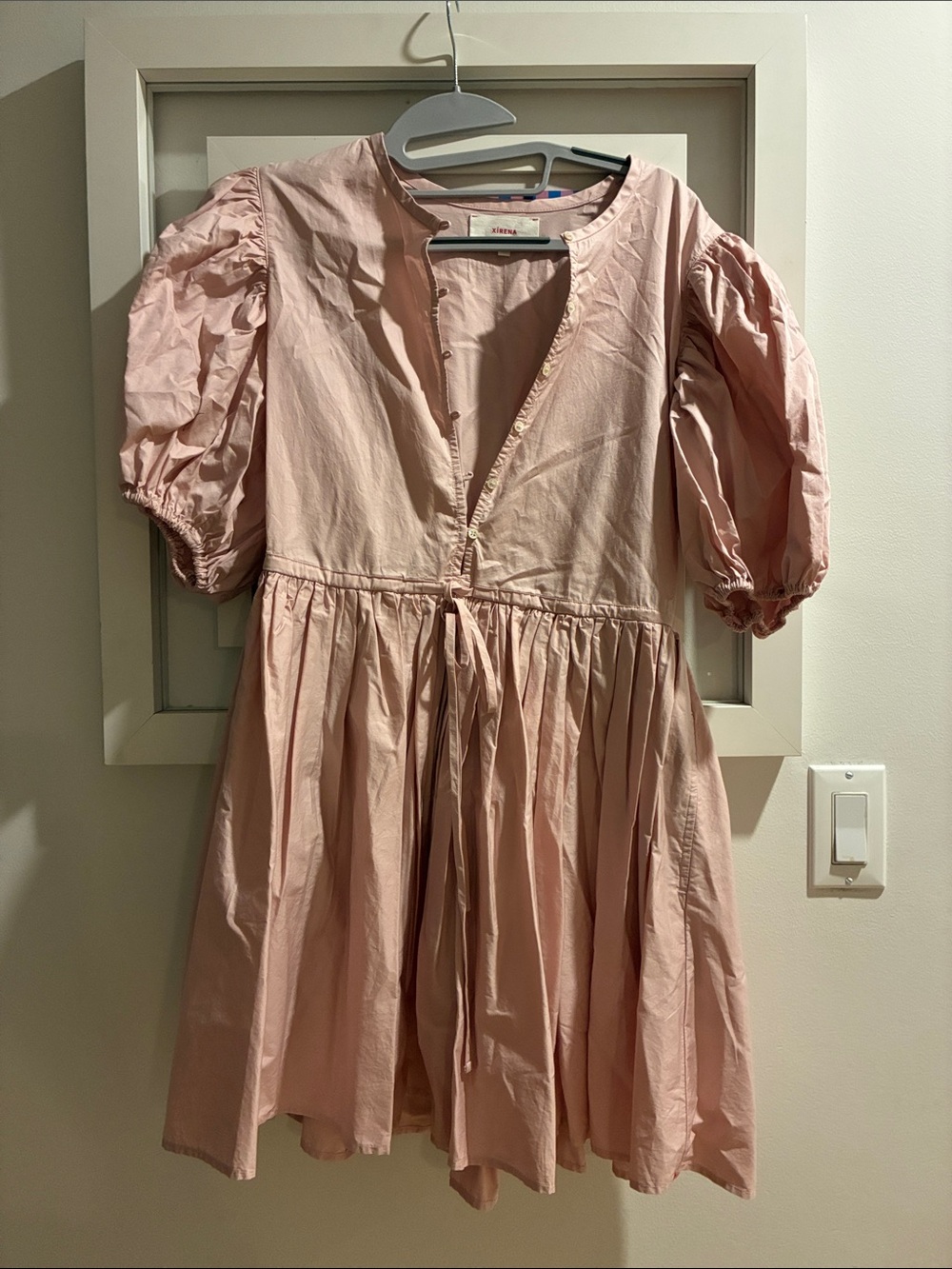 XiRENA Pink Puff-Sleeve Tie-Front Cotton Dress